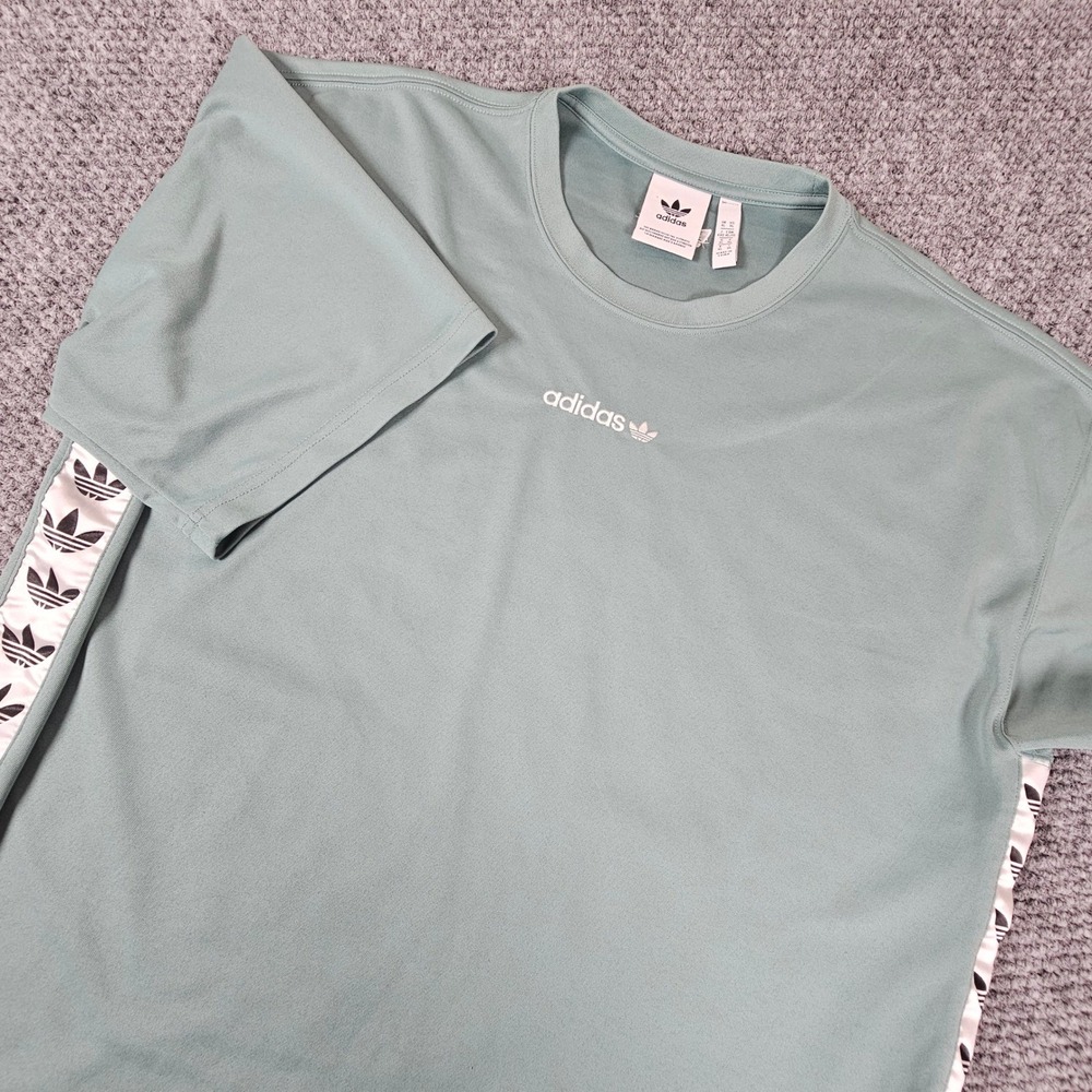 Adidas Originals Mens XL Sage Green Trefoil Logo Side Tape T-Shirt Sporty Tee